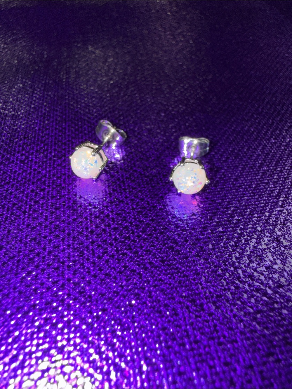 Round Opal Stud Earrings in Iridescent White
